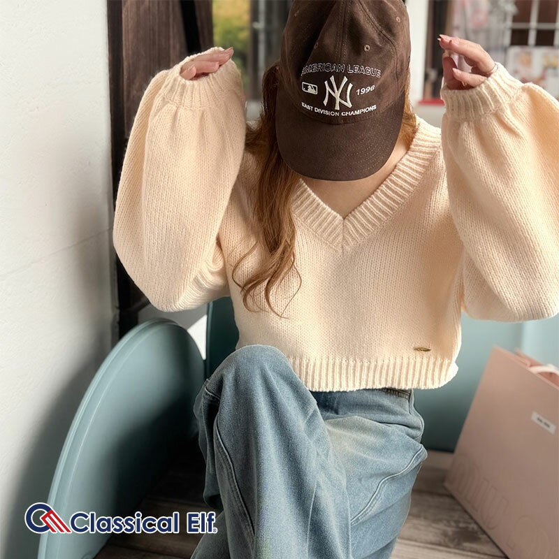 【48H限定】11/16まで 6,999円以上で使える 20％OFF クーポン 【AYAさんコラボ商品】【 classical elf 】ニット レディース かわいい トップス Vネックショート丈 ローゲージ編み 上品 小顔効果 リラックス フェミニン 大きいサイズ 秋 冬 2025aw ce1010523のサムネイル
