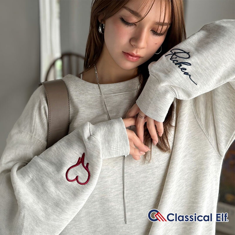 【 クラシカルエルフ classical elf 】 スウェット レディース トップス 手書き風ロゴ刺繍 裏毛 オフショル リラックス 大人カジュアル 袖刺繍デ...