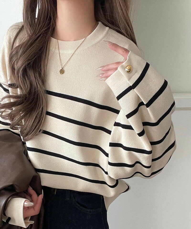 【 クラシカルエルフ classical elf 】ニット レディース 長袖 トップス レディース ゆったりなのに上品 キチンと見え ミラノ リブ 袖先 ゴールド ボタン プルオーバー 大きいサイズ 秋 冬 2025aw ce1050331