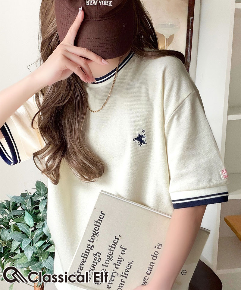 乐天商城 - 【 クラシカルエルフ classical elf 】tシャツ レディース 半袖 ロゴ トップス カットソー 鹿の子 胸刺繍 ルーズ ラウンドネック シンプル 刺繍ロゴ リラックス リブ ライン入り 伸縮性 メンズライク きれいめ カジュアル 大きいサイズ 春 夏 2026ss ce1240116