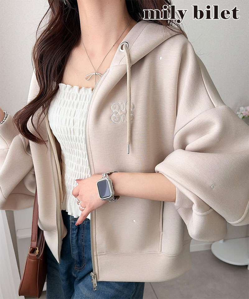 [Limited Time Offer: 500 Yen OFF Coupon for Purchases Over 3500 Yen (May 15th Only)] [mily bilet] Women's Tops, Hoodie, Dot Embroidery, Zip-Up Hoodie, Cute and Stylish, Casual, Elegant, Trendy, Plus Sizes, Spring/Summer 2026ss, Classical Elf, mi1269016
