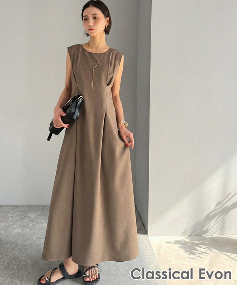 乐天商城 - 【Classical Evon】 ワンピース レディース 春 ウエストタック ノースリーブ ワンピ すっきり 高見え ロング丈 大きいサイズ 春 夏 2026ss クラシカルエルフ ev1010589