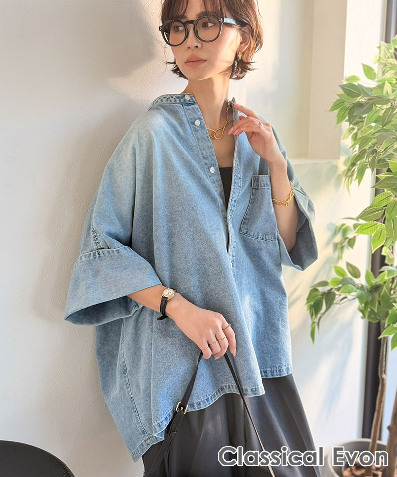 樂天商城 - 【 4/18限定 3000円以上で使える 399円OFF クーポン 】 【Classical Evon】 デニムシャツ レディース 大きいサイズ シャツ おしゃれ トップス ブラウス 羽織り 二の腕カバー フェード感 冷房対策 ビッグカフス ドルマンスリーブ 春 夏 2026ss クラシカルエルフ ev1070202