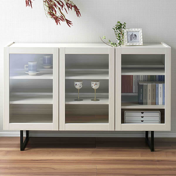 サイドボード　リビングボード　ガラスボード　キャビネット　収納棚　ガラス扉　棚板12枚　スチール脚　インダストリアル　無機質　ホワイトウッド　特殊プリント化粧板　完成品（脚のみ取付け）　日本製　made in japan