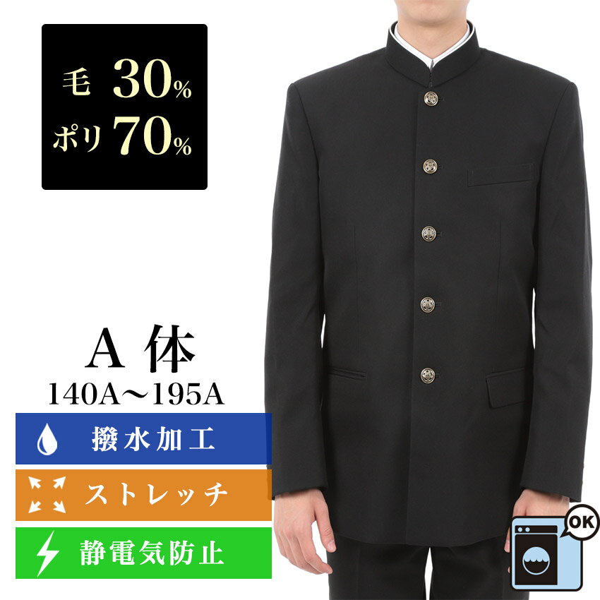 黒詰襟 A体 140A～195A 毛30%ポリ70% 撥水加工 静電気防止 ストレッチ 形態安定 カシドス 詰襟 学ラン 男子 男の子 学生 制服 中学生 高校生 大きいサイズ対応