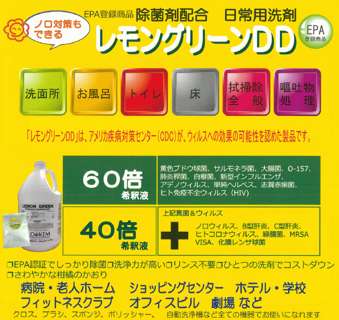 COSCHEM コスケム　レモングリーンDD 強力除菌洗剤 3.78L（1ガロン）【業務用 希釈液 ウイルス 細菌 除菌 感染症対策 病院 高齢者施設 2