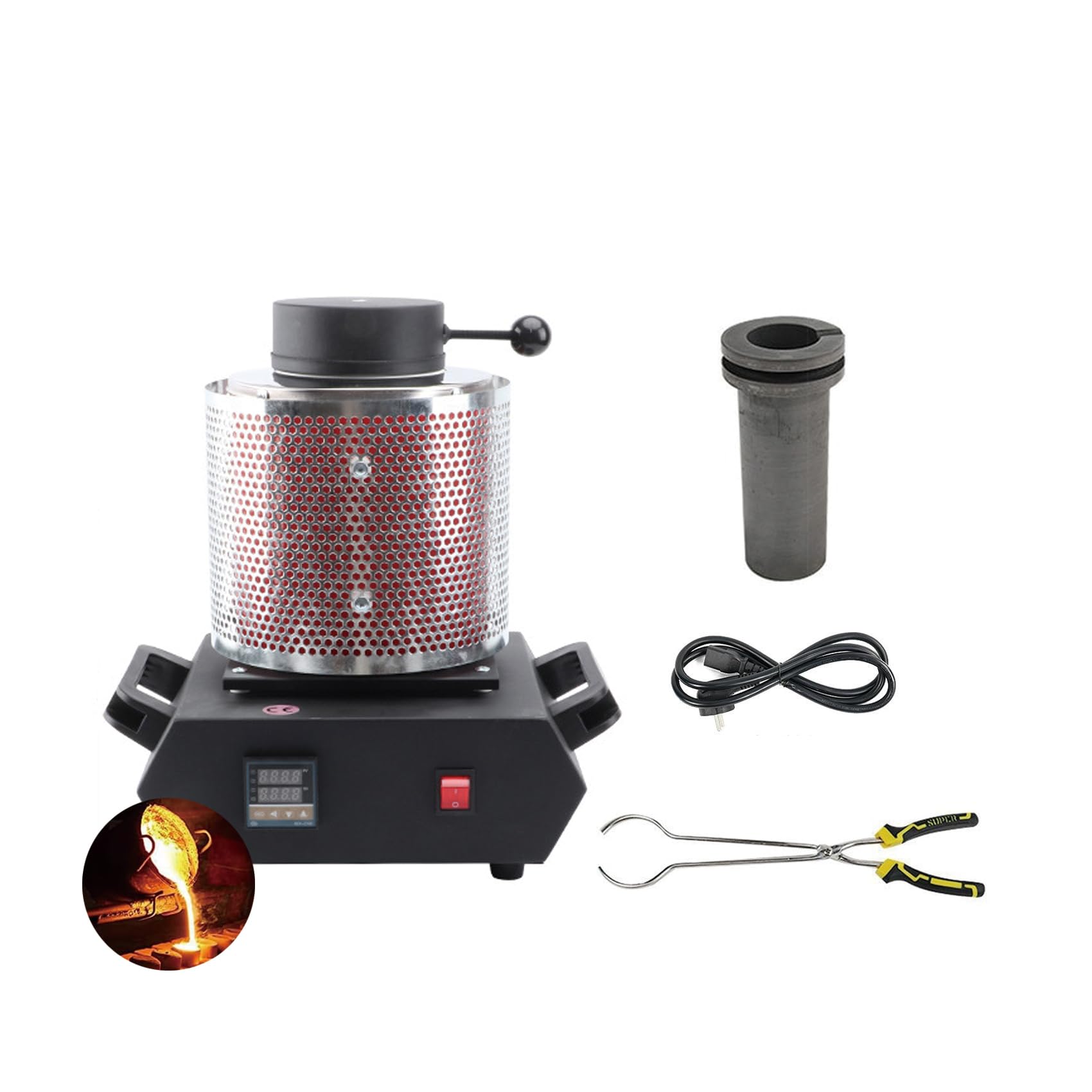 【プレミアム溶解炉】：このプロ仕様のデジタル溶解炉は、グラファイトるつぼを1150°C（2100°F）まですばやく加熱し、30分以内に最大6.6ポンドの軟質金属を完全に溶解します。るつぼは熱、酸、アルカリに耐え、摩耗や化学腐食のない信頼できる長期サービスを提供します【高品質のるつぼ】：るつぼは、高い耐熱性を確保するために純粋なグラファイトで作られています。るつぼは回転によって形成されるため、鉱物の安定性が完全に維持されます。溝の設計により、溶融樹脂の注入と充填が容易になります【高度な温度制御】：PID温度制御システムは、作業中の金属損失とエネルギー消費を削減するために、希望の作業温度まで高速で安定した正確な加熱を保証します【安全第一】：私たちの冶金炉の下にある安全なるつぼの蓋と滑り止めのパッドは、安全で安定した、こぼれのない作業を保証します。保護メッシュガードは、操作中に加熱された炉との偶発的な接触を防ぎます【幅広い用途】：この強力な家庭用製錬キットは、地金、インゴット、または宝石の作成や、金、銀、鉛、銅、真ちゅう、青銅、アルミニウムなどのさまざまな急速溶融金属の精製に最適です特徴：これは、鋳造および合金化のために金属を溶かすために特別に設計および構築されています。タッチパッドデジタル読み出しを備えたLEDディスプレイにより、正確な温度制御が可能です。炉壁は、耐用年数を延ばすために、強熱、酸、およびアルカリに耐性のある耐久性のある断熱材で慎重に構築されています。るつぼの蓋はしっかりとはまり、空気の侵入によるこぼれ、水しぶき、または酸化を防ぎます。気密性のある製錬環境はまた、よりクリーンな最終製品のために粉塵の発生を抑制します。滑り止めパッドは、炉を安定して静止させ、使用中のこぼれや水しぶきをさらに防ぎます。炉の両側にある大きな確実なグリップハンドルは、動きを簡単で快適に保ちます。純銀と金、またはスターリングシルバー、K14ゴールド、18Kゴールドなどの合金を純銀まで溶かすことができます。仕様：電源入力：1650w電源：220V / 110Vるつぼ容量：1〜3KG（オプション）最高気温：1150℃商品サイズ：38×21×24cmパッケージに含まれるもの：1×電気溶解炉1×メッシュガード1×グラファイトるつぼ1×ペンチ品質サービス:1、 当社の製品に問題がある場合は、お気軽にお問い合わせください。2、輸送中に多少の衝撃が加わる可能性がございます。万が一不具合や破損などがございましたら、部品の再送など対応させていただきますので、お気軽にご連絡くださいませ。3、商品が多いため、発送時に説明書をお送りし忘れることがございます。万が一、説明書が届いていない場合や、商品組み立てに関してご不明点がございましたら、お手数ですがご連絡いただけますようお願い申し上げます。電子版の説明書を再送させていただきますので、どうぞご安心ください。お客様にはご理解いただきますようお願い申し上げます。お客様のご支援が、私たちの励みとなっております。【プレミアム溶解炉】：このプロ仕様のデジタル溶解炉は、グラファイトるつぼを1150°C（2100°F）まですばやく加熱し、30分以内に最大6.6ポンドの軟質金属を完全に溶解します。るつぼは熱、酸、アルカリに耐え、摩耗や化学腐食のない信頼できる長期サービスを提供します【高品質のるつぼ】：るつぼは、高い耐熱性を確保するために純粋なグラファイトで作られています。るつぼは回転によって形成されるため、鉱物の安定性が完全に維持されます。溝の設計により、溶融樹脂の注入と充填が容易になります【高度な温度制御】：PID温度制御システムは、作業中の金属損失とエネルギー消費を削減するために、希望の作業温度まで高速で安定した正確な加熱を保証します【安全第一】：私たちの冶金炉の下にある安全なるつぼの蓋と滑り止めのパッドは、安全で安定した、こぼれのない作業を保証します。保護メッシュガードは、操作中に加熱された炉との偶発的な接触を防ぎます【幅広い用途】：この強力な家庭用製錬キットは、地金、インゴット、または宝石の作成や、金、銀、鉛、銅、真ちゅう、青銅、アルミニウムなどのさまざまな急速溶融金属の精製に最適です特徴：これは、鋳造および合金化のために金属を溶かすために特別に設計および構築されています。タッチパッドデジタル読み出しを備えたLEDディスプレイにより、正確な温度制御が可能です。炉壁は、耐用年数を延ばすために、強熱、酸、およびアルカリに耐性のある耐久性のある断熱材で慎重に構築されています。るつぼの蓋はしっかりとはまり、空気の侵入によるこぼれ、水しぶき、または酸化を防ぎます。気密性のある製錬環境はまた、よりクリーンな最終製品のために粉塵の発生を抑制します。滑り止めパッドは、炉を安定して静止させ、使用中のこぼれや水しぶきをさらに防ぎます。炉の両側にある大きな確実なグリップハンドルは、動きを簡単で快適に保ちます。純銀と金、またはスターリングシルバー、K14ゴールド、18Kゴールドなどの合金を純銀まで溶かすことができます。仕様：電源入力：1650w電源：220V / 110Vるつぼ容量：1〜3KG（オプション）最高気温：1150℃商品サイズ：38×21×24cmパッケージに含まれるもの：1×電気溶解炉1×メッシュガード1×グラファイトるつぼ1×ペンチ品質サービス:1、 当社の製品に問題がある場合は、お気軽にお問い合わせください。2、輸送中に多少の衝撃が加わる可能性がございます。万が一不具合や破損などがございましたら、部品の再送など対応させていただきますので、お気軽にご連絡くださいませ。3、商品が多いため、発送時に説明書をお送りし忘れることがございます。万が一、説明書が届いていない場合や、商品組み立てに関してご不明点がございましたら、お手数ですがご連絡いただけますようお願い申し上げます。電子版の説明書を再送させていただきますので、どうぞご安心ください。お客様にはご理解いただきますようお願い申し上げます。お客様のご支援が、私たちの励みとなっております。