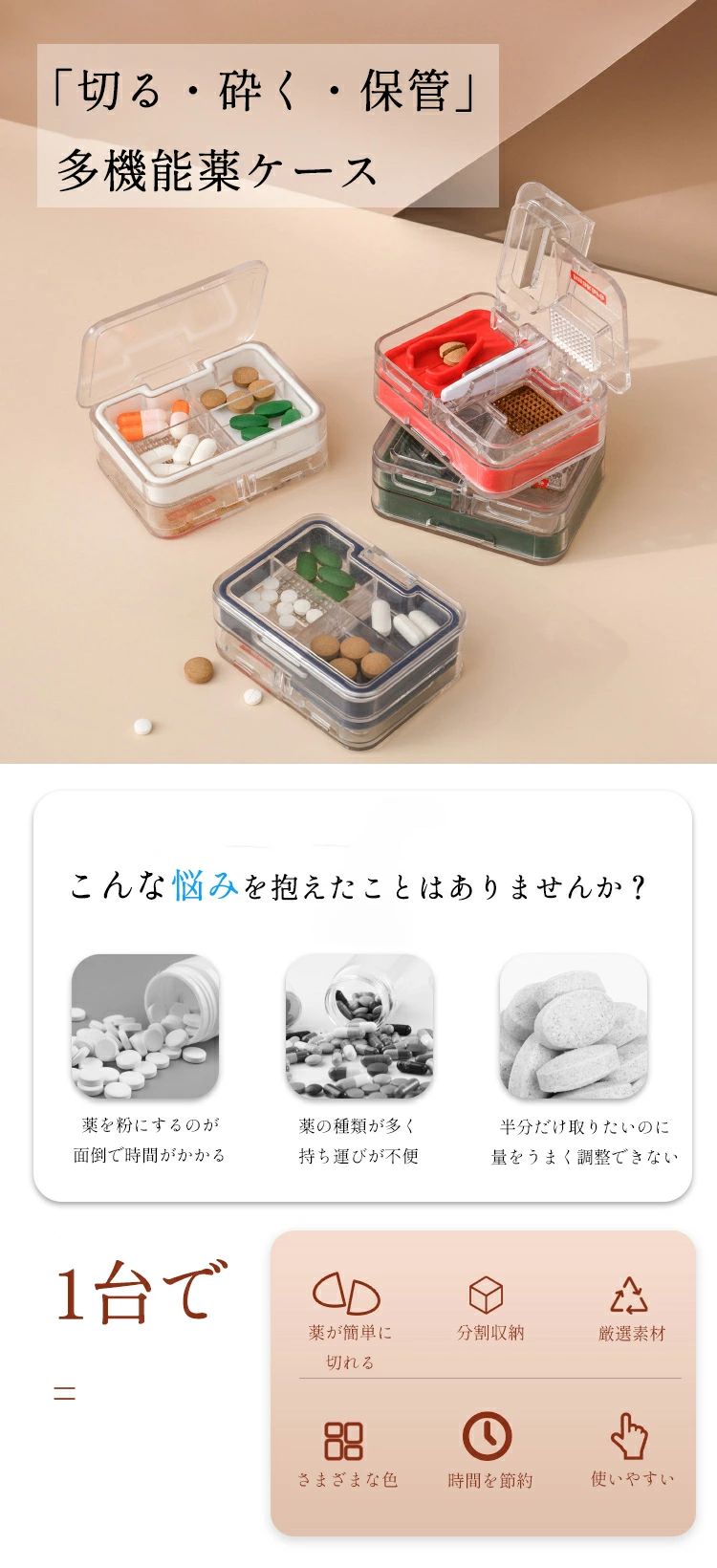 クリーニングエイトのサプ ピルカッター 薬ケース ピルボックス 携帯用 お薬カッター 薬分割器 多機能ピルケース 大容量 一体型 カッター 錠剤カッター ピル｜アングル2