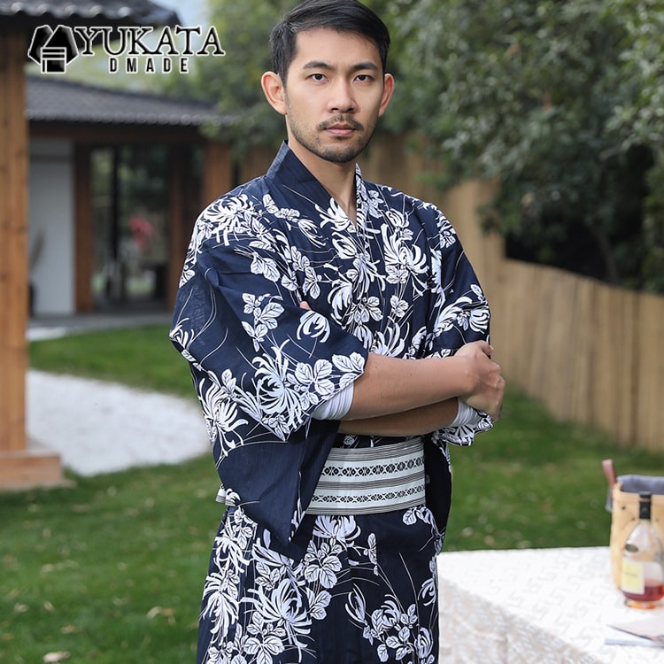 浴衣 メンズ 2点セット 菊柄 黒 男性 男性用 紳士 和服 作り帯 ゆかた 夏服 ポリエステル浴衣 浴衣セット ギフト プレゼント かっこいい おしゃれ 人気 花火大会 夏祭り 30代 20代 大人