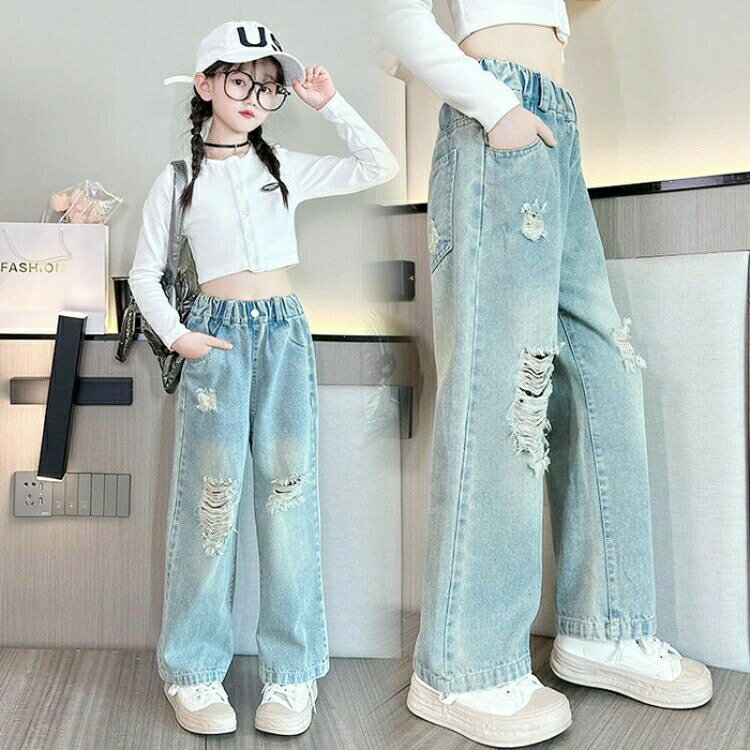 女の子 ダメージデニムパンツ キッズジーンズ ストレートフィット 110cm 120cm…