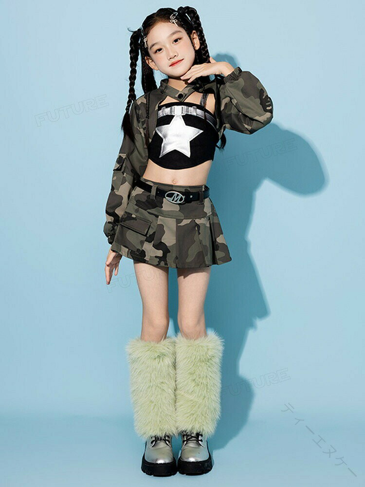 迷彩柄 迷彩スカート 迷彩トップス ダンス 衣装 キッズ へそ出し トップス 女の子 セットアップ タンクトップ ジャズダンス 韓国 k-pop アイドル風 長袖 キッズダンス衣装 ヒップホップ