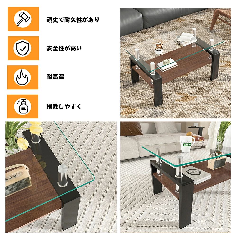 モダン長方形コーヒーテーブル 強化ガラス天板+MDF収納棚 リビング用 グレーガラス+ホワイト脚 組み立て簡単 お手入れ簡単 北欧風 おし [3]