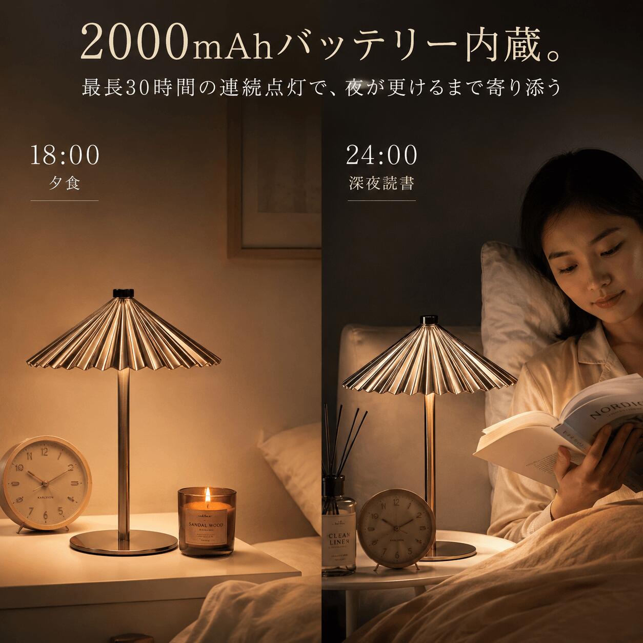 クリーニングエイトのLED レストラン 無段階調光 Type-C 雰囲気 充電式 3色調色 キャンプ 食卓 ベッドサイド コードレス 停電対策 高級感 2000mAh 金属製 寝室 タッチ式 アウトドア 間接照明 ナイトライト バー 滑り止め デスクライト 傘型ライト テーブルランプ｜アングル3