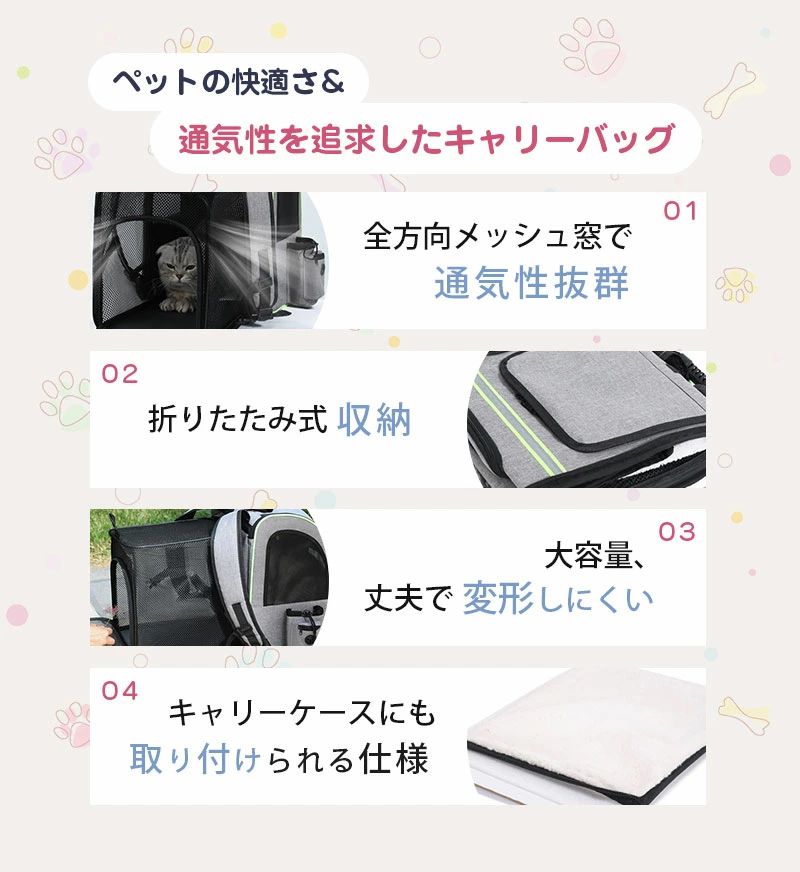 ペットキャリーバッグ マット付き 小型犬 お出かけ 展開部メッシュ拡張タイプで広々空間 飛び出し防止 犬 3WAY（リュック/肩掛け兼用 折りたたみ 防災用 旅行 猫 /手提げ）通気性抜群 通院 cleaningeight-10020444 クリーニングエイト サンプル画像3