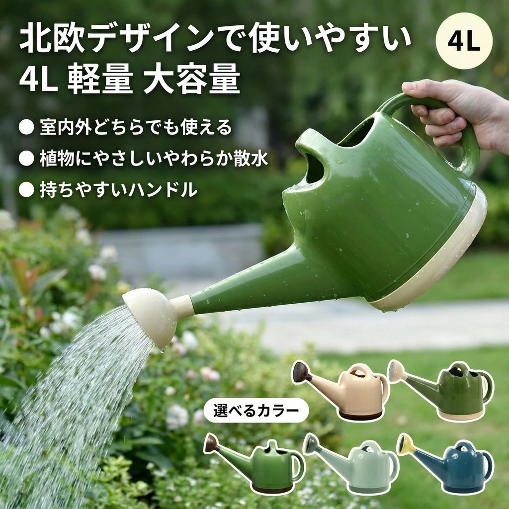 注意事項：モニターの発色により、実物と異なる場合がございます。 商品説明商品名高品質の素材、厚みのあるボディを使用し、じょうろは変形しにくく、健康で安全、丈夫で耐久性があり、美しくエレガントです。取り外し可能なスプレーヘッド、灌漑用の水柱に切り替えることができるため、スペースが広がります。じょうろには、快適なハンドルデザインとスプリンクラーを掛けやすいスプリンクラーホルダーが付属しています。排水口の穴が均等に整然としており、スプリンクラーを取り出して簡単に掃除できます。大口径の注水口は、散水せずに注水が速く、便利で高速です。大容量な4Lなので、屋内庭の小さな植物/水やりの花に適しています。幅広い用途：屋内と屋外の両方で、植木鉢、植物の水やり、子供たちの入浴、木、庭などの水やりに適しています。素材PP樹脂生産国中国サイズ容量：4L重さ：約420gセット内容じょうろ注意事項・ラッピング対応は行っておりません。・予告なく仕様変更になる場合がございます。・写真はイメージです。実際の商品と若干異なる場合がございます。・基本は全国一律送料無料と対応させていただきますが、沖縄・北海道・離島地域へお届けの場合は別途送料をご請求させていただきます。・商品のサイズは採寸方法によって、若干な誤差が生じる場合はあります。ご了承ください。品質保証・出品商品は全て新品未使用です。・安心の初期不良対応：万が一商品に不具合があった場合は、商品到着後7日以内にご連絡ください。・不具合の状況確認のため、写真や動画のご提供をお願いする場合がございます。確認後、速やかに「新品交換」または「ご返金」にて対応させていただきます。・お客様に安心してご購入いただけるよう、誠心誠意サポートいたします。「悪い評価」を付ける前に、まずはお気軽にご相談ください。 検索関連ワードジョーロ, ジョウロ, じょうろ, トンボじょうろ, 散水用品, 園芸用品, ガーデニング, 水差し, 水やり, 水撒き, 4L じょうろ, 大容量 4L, 軽量 じょうろ, 軽い ジョーロ, コンパクト ガーデニング, 大口径 注水口, 早い 注水, 取り外し スプレーヘッド, 散水 切替, スプリンクラー, スプリンクラーホルダー, ハンドル 使いやすい, 変形しにくい, 丈夫 耐久性, PP樹脂, おしゃれ じょうろ, 北欧デザイン, 北欧風, かわいい ジョーロ, メンズ ガーデニング, ベランダ 水やり, 家庭菜園, 室内 園芸, 卓上 植物, 観葉植物 水やり, プランター 散水, 花 水やり, 野菜 うるおい, 庭 散水, 子供 水遊び, プレゼント ギフト, ギフト じょうろ, 母の日 プレゼント, 父の日 ギフト, 誕生日 プレゼント, 新生活 お祝い, 送料無料, ポイント消化, 楽天スーパーSALE, お買い物マラソン, 人気 おすすめ注意事項：モニターの発色により、実物と異なる場合がございます。 商品説明商品名高品質の素材、厚みのあるボディを使用し、じょうろは変形しにくく、健康で安全、丈夫で耐久性があり、美しくエレガントです。取り外し可能なスプレーヘッド、灌漑用の水柱に切り替えることができるため、スペースが広がります。じょうろには、快適なハンドルデザインとスプリンクラーを掛けやすいスプリンクラーホルダーが付属しています。排水口の穴が均等に整然としており、スプリンクラーを取り出して簡単に掃除できます。大口径の注水口は、散水せずに注水が速く、便利で高速です。大容量な4Lなので、屋内庭の小さな植物/水やりの花に適しています。幅広い用途：屋内と屋外の両方で、植木鉢、植物の水やり、子供たちの入浴、木、庭などの水やりに適しています。素材PP樹脂生産国中国サイズ容量：4L重さ：約420gセット内容じょうろ注意事項・ラッピング対応は行っておりません。・予告なく仕様変更になる場合がございます。・写真はイメージです。実際の商品と若干異なる場合がございます。・基本は全国一律送料無料と対応させていただきますが、沖縄・北海道・離島地域へお届けの場合は別途送料をご請求させていただきます。・商品のサイズは採寸方法によって、若干な誤差が生じる場合はあります。ご了承ください。品質保証・出品商品は全て新品未使用です。・安心の初期不良対応：万が一商品に不具合があった場合は、商品到着後7日以内にご連絡ください。・不具合の状況確認のため、写真や動画のご提供をお願いする場合がございます。確認後、速やかに「新品交換」または「ご返金」にて対応させていただきます。・お客様に安心してご購入いただけるよう、誠心誠意サポートいたします。「悪い評価」を付ける前に、まずはお気軽にご相談ください。 検索関連ワードジョーロ, ジョウロ, じょうろ, トンボじょうろ, 散水用品, 園芸用品, ガーデニング, 水差し, 水やり, 水撒き, 4L じょうろ, 大容量 4L, 軽量 じょうろ, 軽い ジョーロ, コンパクト ガーデニング, 大口径 注水口, 早い 注水, 取り外し スプレーヘッド, 散水 切替, スプリンクラー, スプリンクラーホルダー, ハンドル 使いやすい, 変形しにくい, 丈夫 耐久性, PP樹脂, おしゃれ じょうろ, 北欧デザイン, 北欧風, かわいい ジョーロ, メンズ ガーデニング, ベランダ 水やり, 家庭菜園, 室内 園芸, 卓上 植物, 観葉植物 水やり, プランター 散水, 花 水やり, 野菜 うるおい, 庭 散水, 子供 水遊び, プレゼント ギフト, ギフト じょうろ, 母の日 プレゼント, 父の日 ギフト, 誕生日 プレゼント, 新生活 お祝い, 送料無料, ポイント消化, 楽天スーパーSALE, お買い物マラソン, 人気 おすすめ