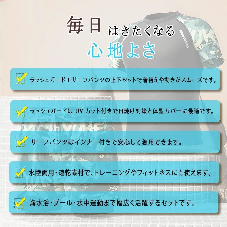 クリーニングエイトのフィットネス水着 インナー付き メンズ サーフパンツ 水着 海パン ビーチ スポーツ 大きいサイズ 上下セット 水陸両用 UVカット 海 セパレート XL/2XL/3XL/4XL 半袖 ラッシュガード 体型カバー｜アングル3