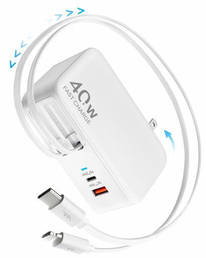 HATALKIN4in1自動巻き取り式壁掛け充電器(デュアルUSBポート+ライトニング/Type-Cケーブル内蔵)高速充電折りたたみ式プラグコンパクトPSE認証済み保護機能付きCompatiblewithエアポッズPro