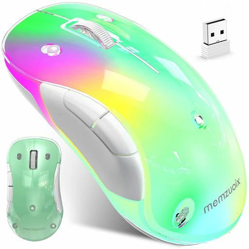 memzuoix2.4G無線マウスRGBLED着脱式カバー付き充電式人体工学1400DPI光学式5ボタンポータブルUSBレシーバー付属PC/ノートパソコン/デスクトップ/MacBook対応-ミントグリーン