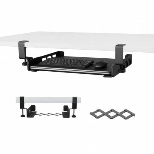 デスク下収納ノートパソコン伸縮式工具不要天板1〜5cm対応最大10kg耐荷重ノートPC/キーボード/本整理スチール製ブラック(ブラック)