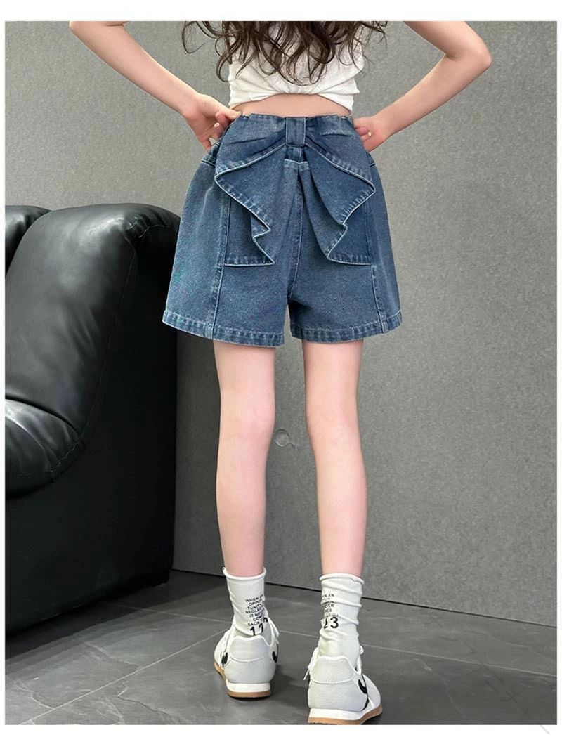 クリーニングエイトのズボン キュロット 子供服 デニム バックリボン パンツ キッズ服 通学着 デニム短パン 女の子 ショートパンツ デニムパンツ 普段着 夏着｜アングル2
