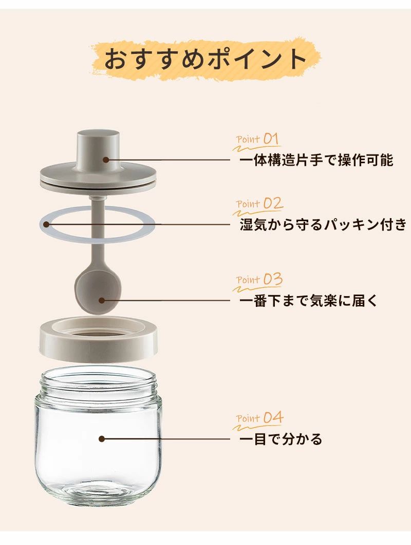 クリーニングエイトのスプーン付き 香辛料瓶 プレゼント 密閉 塩入れ 調味料ケース 4個 調味料ストッカー ガラス セット 耐熱 3個 おしゃれ 2個 クックポット 調味料入れ 一体構造式調味料容器 調味料容器 砂糖ボトル 砂糖入れ｜アングル2