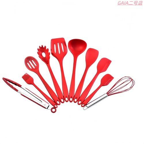 シリコン製キッチン用品 10 点セット | 壁掛け式、完全密閉式、ノンスティックフライパンに最適、ヘラ、泡立て器、パスタスプーンなどが