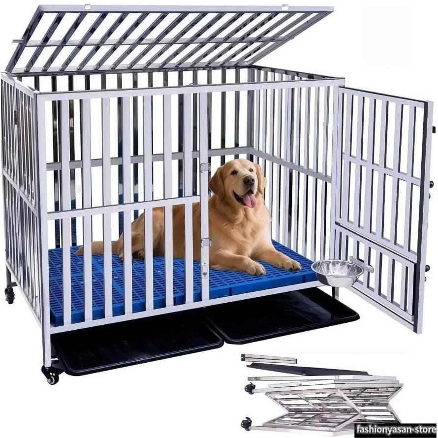 ペットケージ ステンレス鋼 犬のケージ 大型 犬 フェンス 折りたたみ可能 キャスター付き 掃除簡単 ダブルドア/トレー/マット/給餌