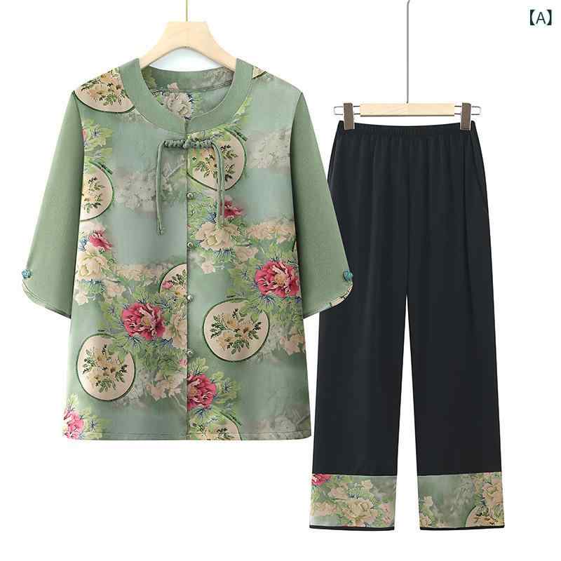 セットアップ レディース シニア向け 夏物 薄手 トップス シャツ 半袖 七分丈パンツ 2点セット チャイナ風 お母さん おばあちゃん ゆったり 大きいサイズ グリーン パープル カジュアル 部屋着 普段着 cleanlifeshop-10001767 クリーンライフショップ サンプル画像2