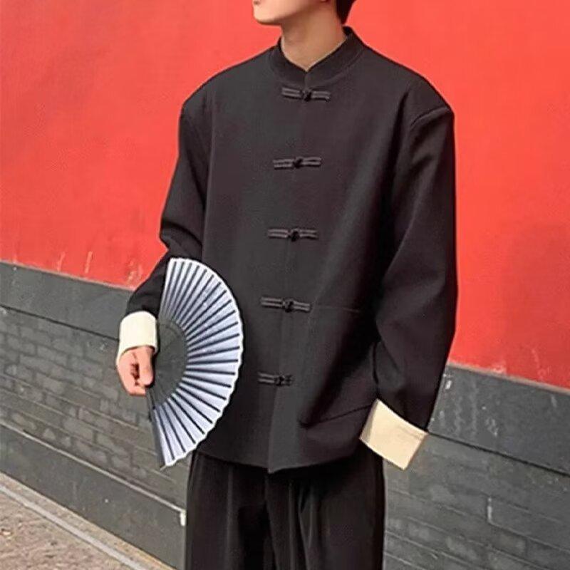 シャツ メンズ 秋物 長袖 中華風 チャイナボタン 立ち襟 モダール素材 無地 カジュアル トップス 普段着