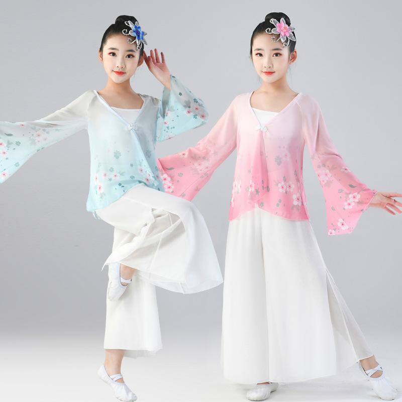 ダンス衣装 キッズ 女の子 子供 中国舞踊 古典舞踊 民族ダンス 発表会 練習着 レッスンウェア シフォン セットアップ ニュアンスカラー かわいい 動きやすい