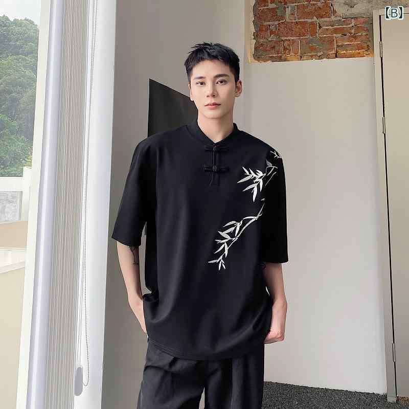 Tシャツ メンズ 半袖 春夏 チャイナ風 立立襟 竹 刺しゅう 切り替え 接触冷感 ゆったり 通気性 プルオーバー 和風 トップス カジュアル — vista 3