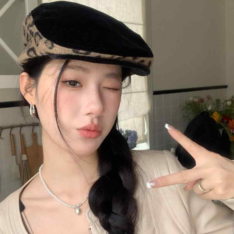 ベレー帽 レディース 秋冬 キャスケット ヒョウ柄 切り替え 配色 ウール混 帽子 日...