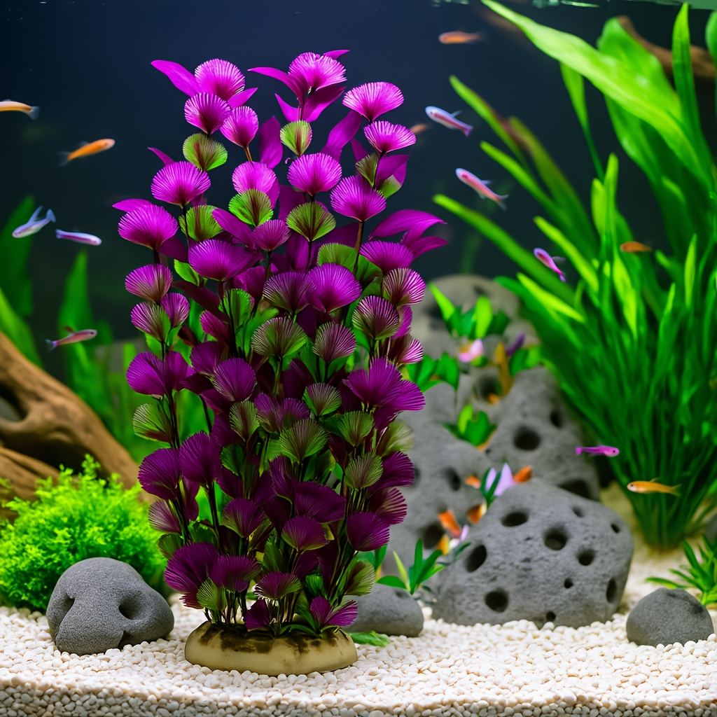 人工水草 紫緑 水槽用人工水草 38.1cm 1個 - 水槽デコレーション - 魚用水槽水草 - 水槽デコレーション - 水槽風景装飾 中型・大型水槽用 PE素材製 セラミックベース付き