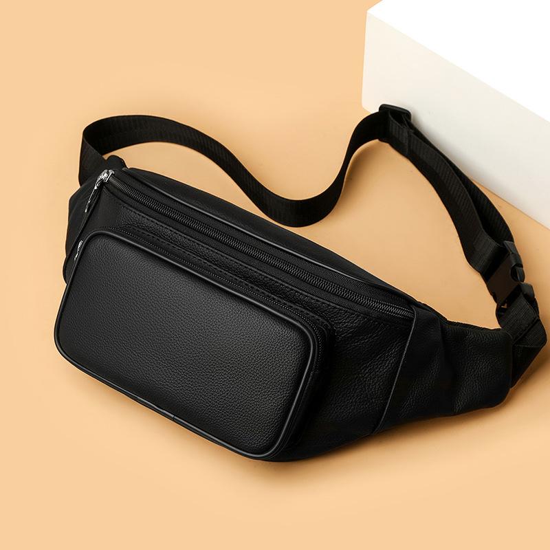 ウエストバッグ 男性用 多機能 大容量 スマホポーチ アウトドア カジュアル 斜めがけバッグ 本革 牛革 ブラック ファスナーポケット