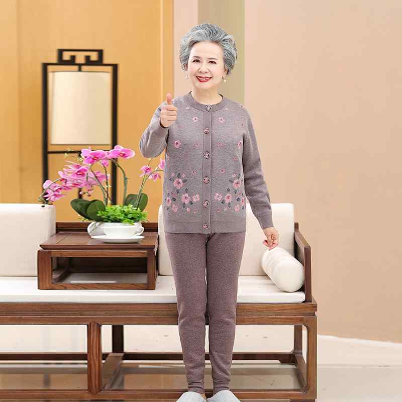 レディース インナー 上下セット あったか素材 ニット カーディガン シニア 婦人服 秋冬 花柄 ラウンド..