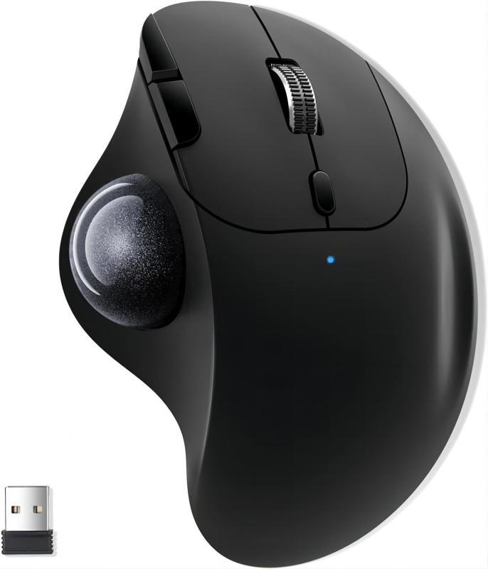 Ewin トラックボールマウス Bluetooth&amp;2.4GHz両対応 3台同時接続 トラックボール 【NEWモデル】 ワイヤレス 親指 静音タイプ 高精度 エルゴノミクス 瞬時接続 無線マウス 7ボタン 進む/戻るボタ💡【手首と腕の負担を軽減する設計】 マウスを動かす必要がないため、手首や腕にかかる負担を最小限に抑えた設計となっています。長時間マウスを使用していると、手首や肩に痛みを感じることがありますよね？そんなお悩みにぜひおすすめしたいのが、疲れを軽減し、スペースを取らないトラックボールマウスです。EWIN製トラックボールは、親指でボールを転がすことでカーソル操作が可能。また、手にしっくりとなじむエルゴノミック形状を採用しており、快適な操作が期待できます。手首や肩の負担を感じる方にぴったりの解決策です。負担を軽減しながら、効率的で快適な作業を実現するために、ぜひEWIN製トラックボールをお試しください。🌟【多彩なボタン機能が充実】快適性と使いやすさに優れたトラックボールマウスには、左右のボタンとホイールに加えて、使い方に合わせてカウント数を変えられるDPIボタンが装備されています。このDPIボタンにより、カーソルの速さを200カウント、400カウント、800カウント、1200カウントと1600カウントの5段階で切り替えることができます。これにより、Excelや描画などの詳細な作業から画面を広く使う作業まで、すべてを無理なく行うことができます。また、インターネットの閲覧に便利な進む・戻るボタン（Mac非対応）も備えられており、ウェブページの閲覧も楽々行えます。🔗【ワイヤレス接続が便利】省エネ性に優れたBluetoothチップと高度な2.4GHzテクノロジーのマイクロレシーバーを採用し、最大10mの接続範囲を提供。混雑したワイヤレス環境でも途切れにくく、安定した接続を実現しています。BluetoothとUSBレシーバーの両方に対応しており、USBポートのないデバイスでも安心して使用可能です。🔋【最大18ヶ月の長寿命電池】省電力技術を採用し、たった単三形乾電池1本で最大18ヶ月間も電池交換不要で快適に使用できます。また、便利なステータスインジケーターも備えています。❎【静音設計で騒音を軽減】クリック音を静かに抑えた設計で、従来のモデルと比べて90%以上も騒音を軽減。カフェや図書館などの静かな場所でも、周囲を気にせずに作業に集中できます。♻【広範な互換性】Windows 8.0、Windows 10、Windows Vista、Mac OSX 10.10以降、Android 4.3以降、iOS 8.0以降のBluetooth搭載デバイスに対応。幅広いデバイスで使用可能です。