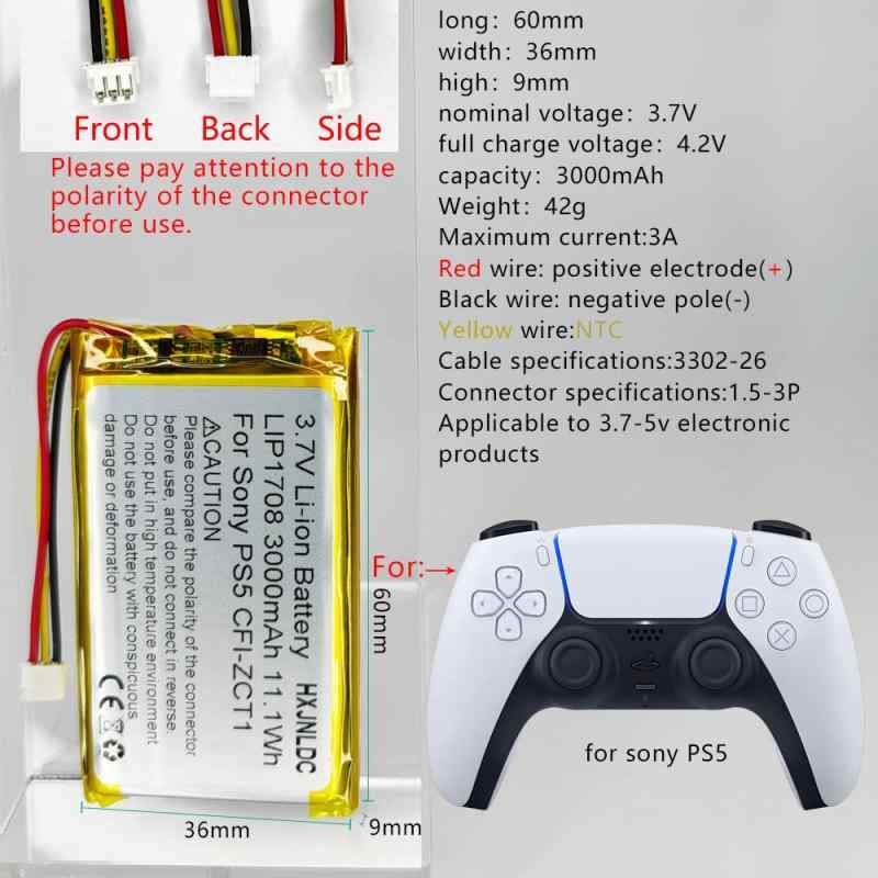 clearstoreのDC 3.7 V 3000 mAh LIP 1708充電可能リチウムイオン電池 for ソニーPlaystation 5 Dualsense PS5ワイヤレスコントローラCFI-ZCT1 WB Uバッテリパック交換｜アングル2
