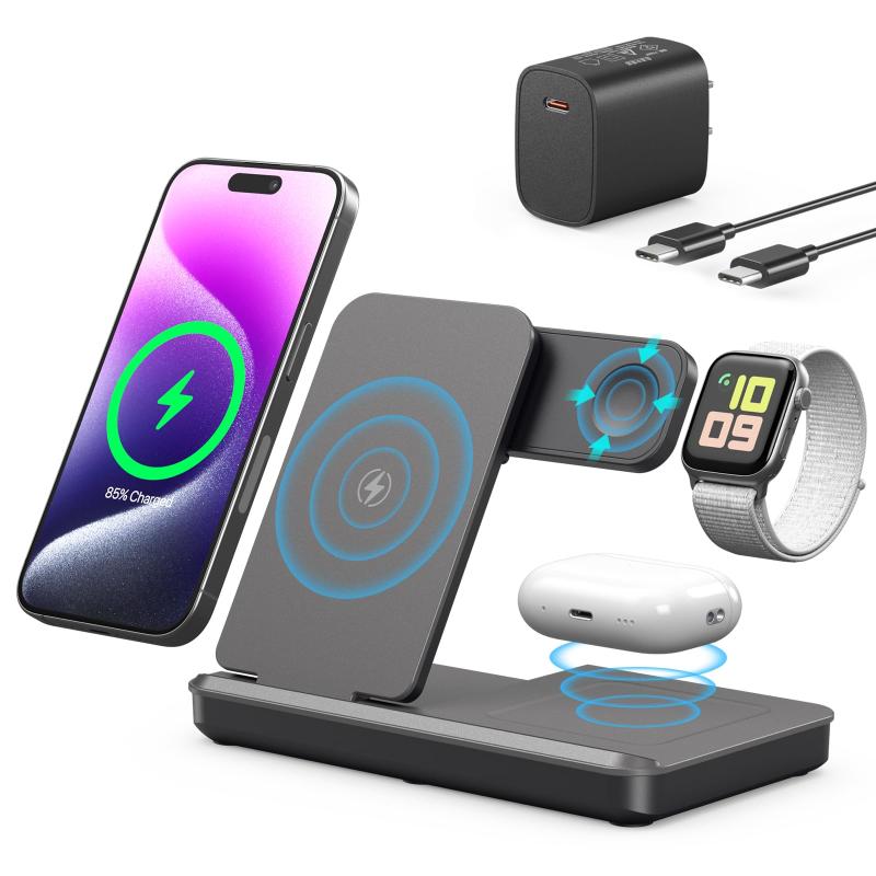 【2025昇進型】TEPNICAL ワイヤレス充電器 3 in 1急速充電 折り畳み式 スタンド 置くだけ 15W/10W/7.5W iPhone 16/15/14/13/12シリーズ対応/Galaxy/Note/Apples iWatch など対応 2