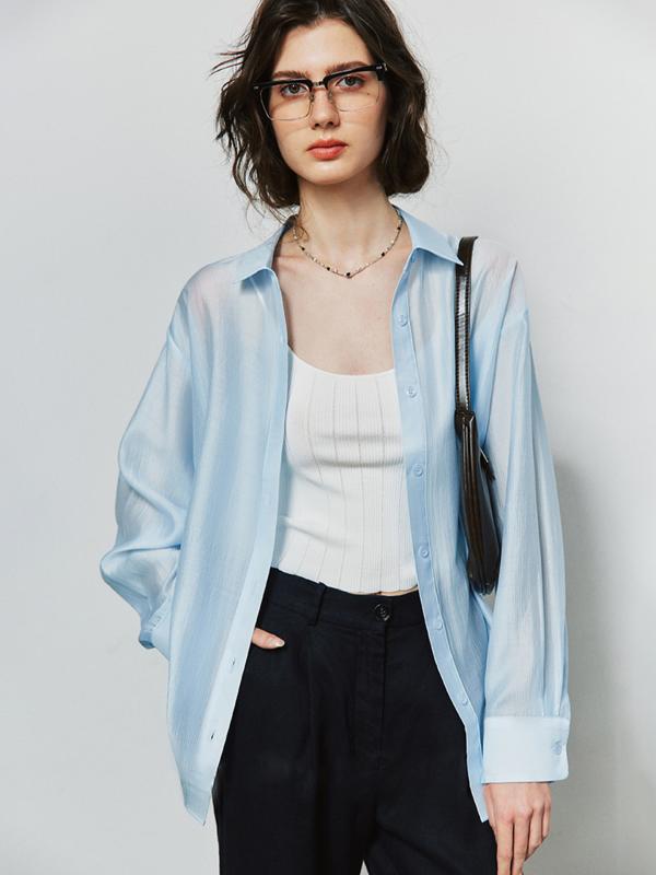 シャツ レディース 女性用 天絲 再生繊維混紡 薄手 フランス風 シンプル ゆったりサイズ 日焼け止め 通気性 カジュアル 通勤着 トップス 白色 黒色 紺色 杏色 紫色