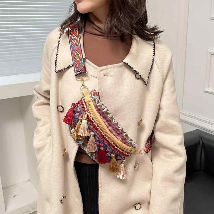 バッグ レディース 民族風 ショルダーバッグ ウエストバッグ キャンバス ストリート 流蘇 赤色 青色 黄色