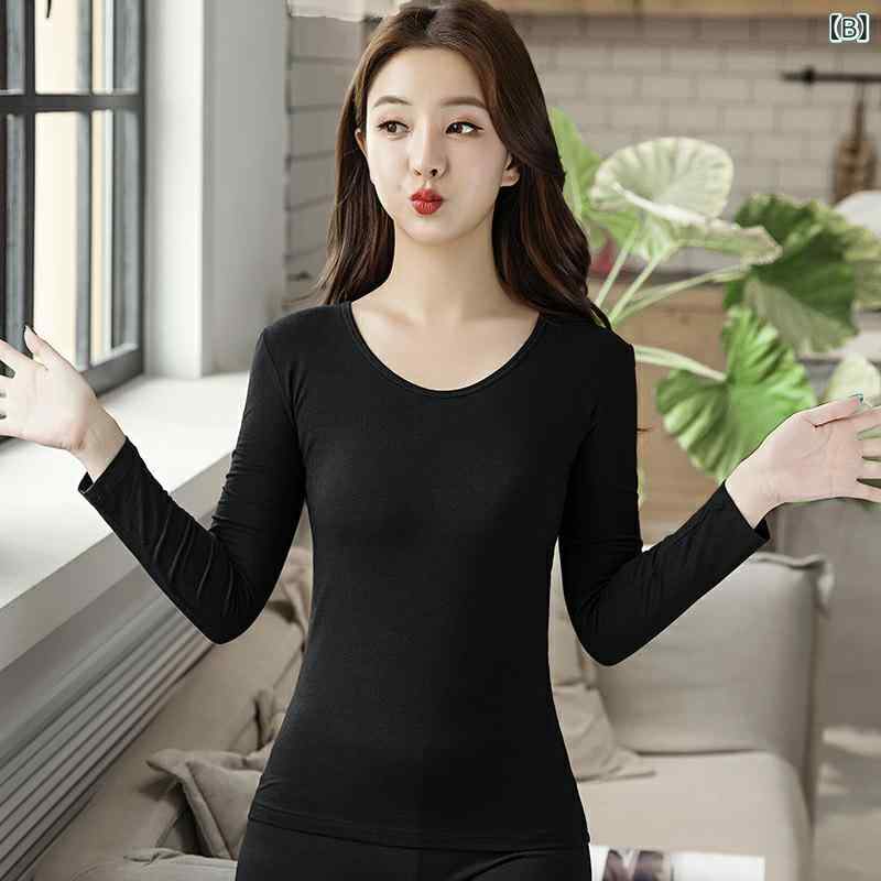 clearstoreの肌着 レディース インナー 上下セット M L XL 2XL 3XL 綿95% コットン 保温 あったか 薄手 長袖 長ズボン Tシャツ パジャマ ルームウェア 婦人 女性 紫 黒 緑 赤 ピンク系 秋 冬｜アングル3