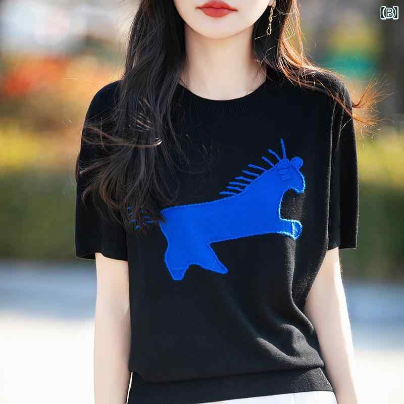 Tシャツ レディース ラウンドネック 馬柄 ジャカード ウール ニット 半袖 プルオーバー トップス カジュアル グレー ブラック 伸縮性 着心地が良い clearstore2024-10159944 clearstore サンプル画像3