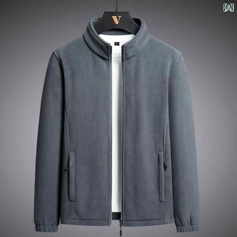フリースジャケット メンズ 男性用 秋冬 立襟 防寒着 暖かい 裏起毛 伸縮性 ポケット付き アウトドア 部屋着 大きいサイズ グレー ブラック ネイビー レッド