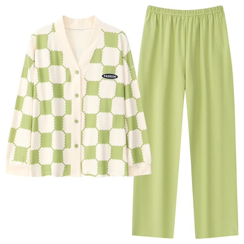 パジャマ レディース 秋冬 長袖 Vネック ニット コットン 薄手 ルームウェア 春秋 2点セット 前開き バストパッド付き 部屋着 寝間着 上下セット かわいい 女性 M L XL XXL XXXLサイズ