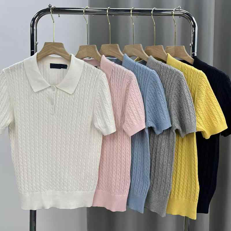 ニット レディース ポロシャツ 半袖 コットン 刺繍 修身 無地 トップス カットソー カジュアル かわいい 日韓風 白 黄色 ピンク系 グレー 水色