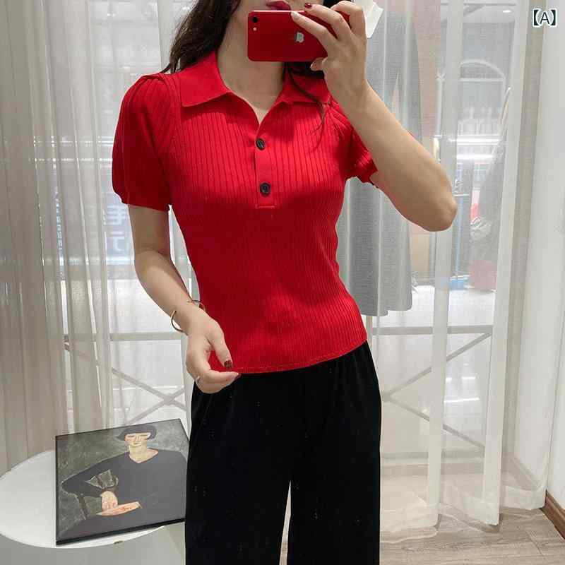 Tシャツ レディース 半袖 ニット ポロシャツ 接触冷感 ポリエステル レッド サマー 薄手2 clearstore2024-10257755 clearstore サンプル画像2