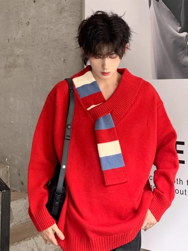 樂天商城 - ニット メンズ Vネック セーター 秋冬 プルオーバー 韓国風 ゆったり 長袖 トップス 黒 赤色