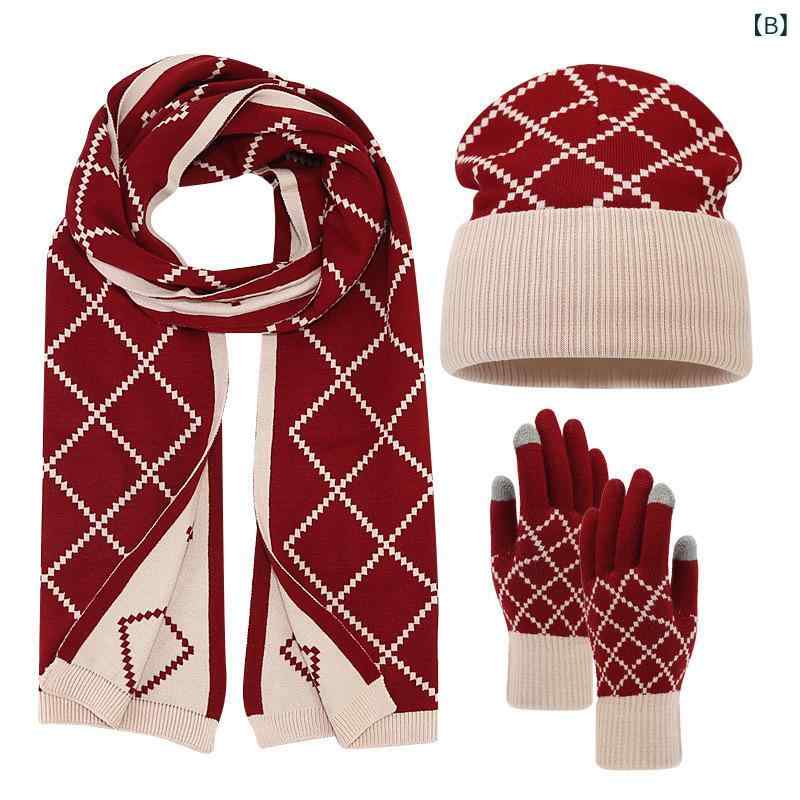 ニット帽 手袋 マフラー セット 男性用 女性用 秋冬 防寒 菱形柄 暖かい カジュアル 普段使い アウトドア ブラック ワインレッド グレー2
