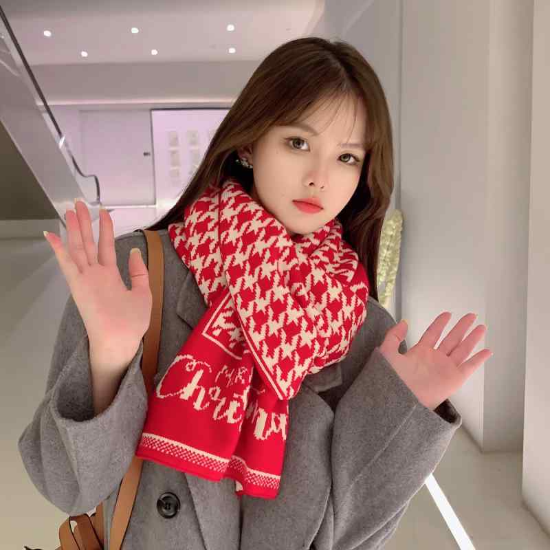マフラー レディース 秋冬 千鳥格子 ニット 保温 ストール 赤 緑 学生 カップル あったか クリスマス風
