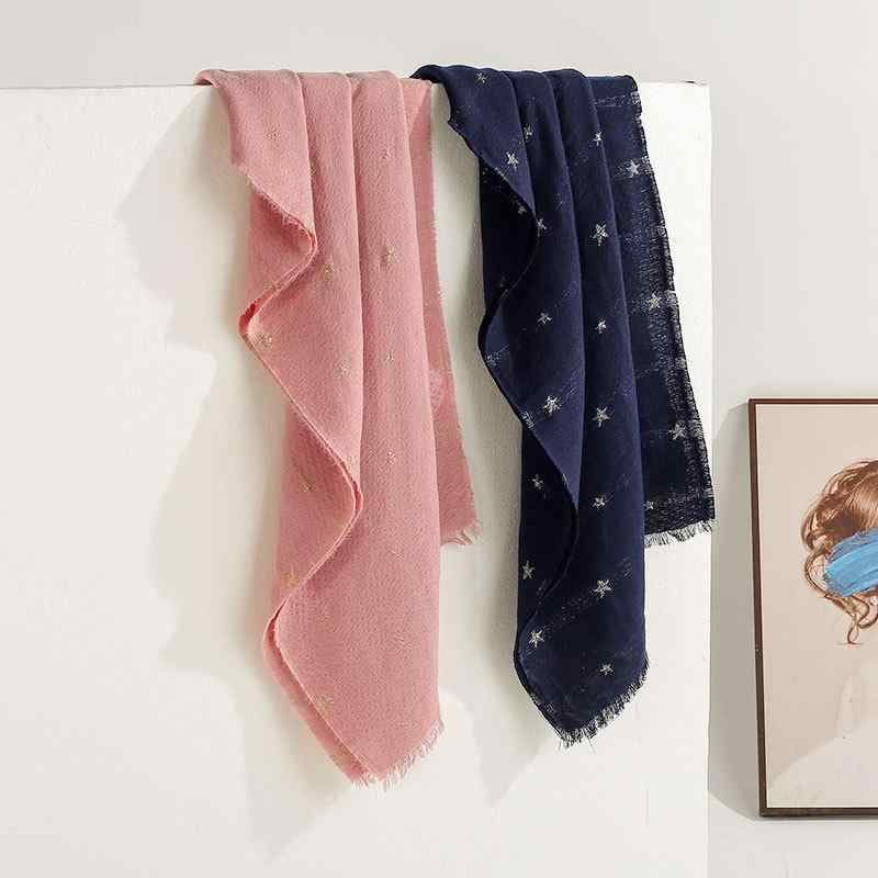 マフラー ストール 秋冬 女性用 男性用 ウールライク 保温 スター柄 フリンジ ショール 普段使い ピンク系 ネイビー2